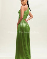 One Shoulder Pleated Gown Maxi Dress (Moss) close up detail of one shoulder design and fabric