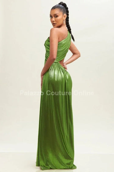 One Shoulder Pleated Gown Maxi Dress (Moss) close up detail of one shoulder design and fabric