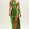 One Shoulder Pleated Gown Maxi Dress (Moss) front view showing full-length maxi silhouette