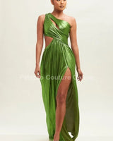 One Shoulder Pleated Gown Maxi Dress (Moss) side view highlighting floor-length hemline