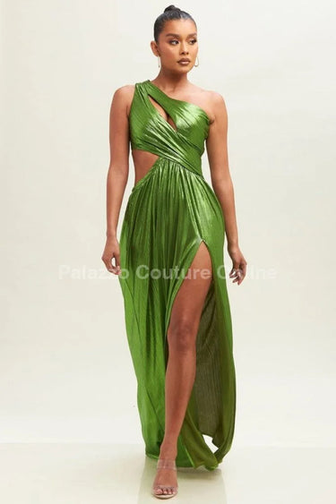 One Shoulder Pleated Gown Maxi Dress (Moss) side view highlighting floor-length hemline