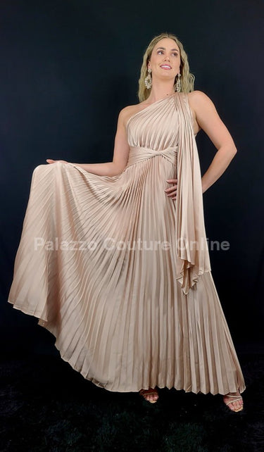 One Shoulder Pleated Maxi Dress (Champagne) - Palazzo Couture Online