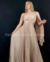 One Shoulder Pleated Maxi Dress (Champagne) - Palazzo Couture Online