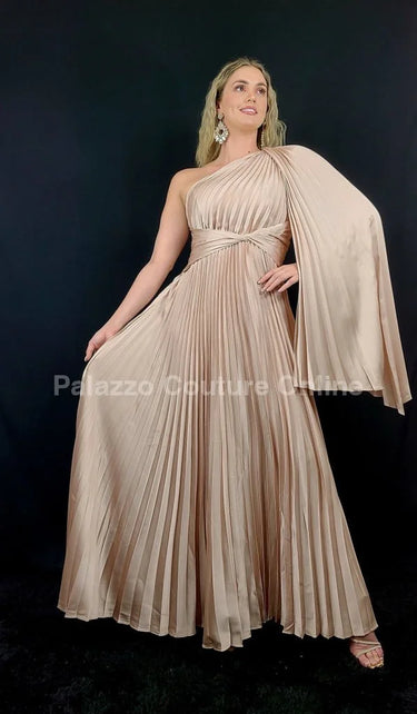 One Shoulder Pleated Maxi Dress (Champagne) close up detail of one shoulder design and fabric