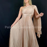 One Shoulder Pleated Maxi Dress (Champagne) front view showing full-length maxi silhouette