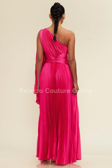 One Shoulder Pleated Maxi Dress (Fuchsia) - Palazzo Couture Online