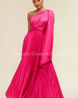 One Shoulder Pleated Maxi Dress (Fuchsia) - Palazzo Couture Online