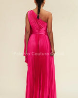 One Shoulder Pleated Maxi Dress (Fuchsia) close up detail of one shoulder design and fabric