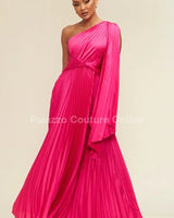 One Shoulder Pleated Maxi Dress (Fuchsia) front view showing full-length maxi silhouette