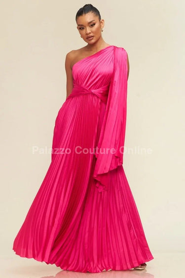 One Shoulder Pleated Maxi Dress (Fuchsia) front view showing full-length maxi silhouette