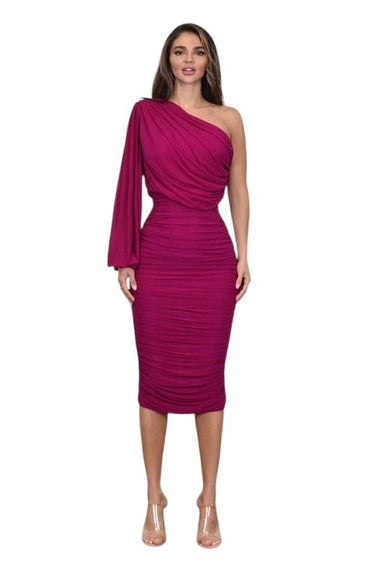 One - Sleeve Ruched Mesh Midi Dress - Magenta - Palazzo Couture Online