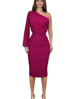One-Sleeve Ruched Mesh Midi Dress - Magenta front view showing full midi length silhouette