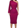One-Sleeve Ruched Mesh Midi Dress - Magenta front view showing full midi length silhouette