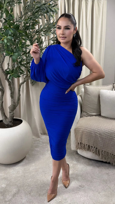 One-Sleeve Ruched Mesh Midi Dress - Royal Blue close up detail of ruched design