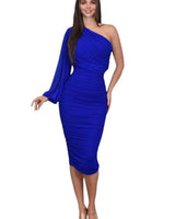 One-Sleeve Ruched Mesh Midi Dress - Royal Blue front view showing full midi length silhouette