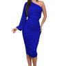 One-Sleeve Ruched Mesh Midi Dress - Royal Blue front view showing full midi length silhouette
