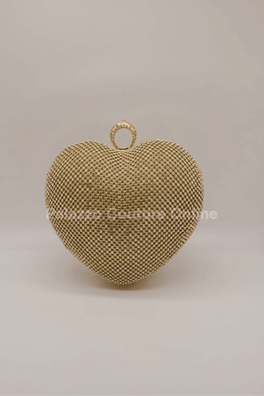 Gold heart clutch with rhinestones and detachable chain strap