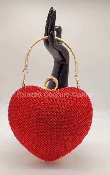 Rhinestone red heart evening bag with removable chain strap