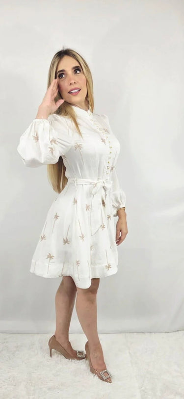 Palm Breeze Shirt Dress White close up detail of shirt design