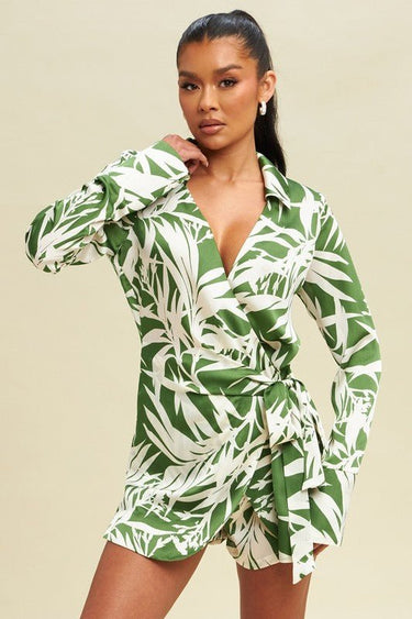 Palms Wrap Tie Romper Olive - Ivory - Palazzo Couture Online