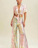 Wide leg pants set in pink multi with short sleeve cropped top