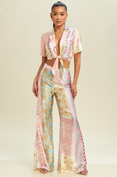 Wide leg pants set in pink multi with short sleeve cropped top