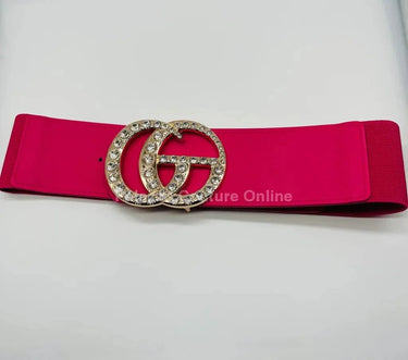 Paris Monogram  Rhinestones Elastic Belt (Fuchsia) - women's statement waist belt accessory