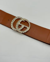 Paris Rhinestone Elastic Belt (Camel) - women's statement waist belt accessory