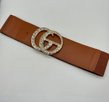 Paris Rhinestone Elastic Belt (Camel) - women's statement waist belt accessory