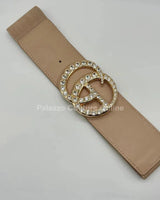 Paris Rhinestone Elastic Belt (Tan) - women's statement waist belt accessory