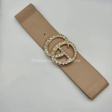 Paris Rhinestone Elastic Belt (Tan) - women's statement waist belt accessory
