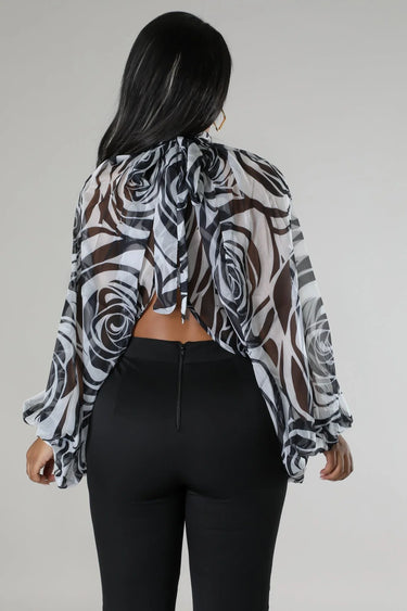 open back roses chiffon top detail