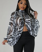 black white roses chiffon top front view