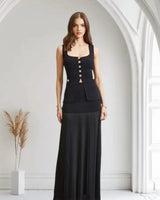 Parisian Pleat Elegance 2-Piece Skirt Set - Black front view showing complete two piece skirt set