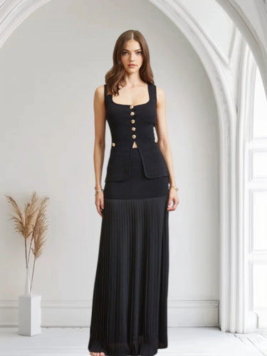 Parisian Pleat Elegance 2-Piece Skirt Set - Black front view showing complete two piece skirt set