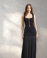 Parisian Pleat Elegance 2-Piece Skirt Set - Black close up of matching top design and fabric