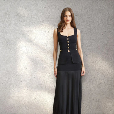 Parisian Pleat Elegance 2-Piece Skirt Set - Black close up of matching top design and fabric