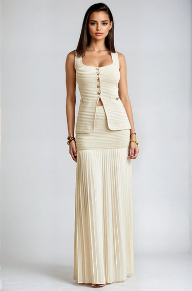 Parisian Pleat Elegance 2 - Piece Skirt Set - Natural - Palazzo Couture Online