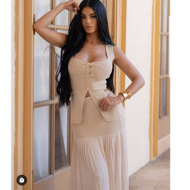Parisian Pleat Elegance 2 - Piece Skirt Set - Natural - Palazzo Couture Online