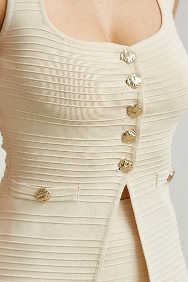 Parisian Pleat Elegance 2-Piece Skirt Set - Natural showing coordinated top and skirt construction