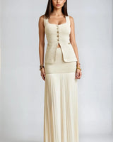 Parisian Pleat Elegance 2-Piece Skirt Set - Natural front view showing complete two piece skirt set