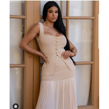 Parisian Pleat Elegance 2-Piece Skirt Set - Natural side view showing skirt silhouette and fit