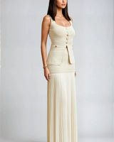 Parisian Pleat Elegance 2-Piece Skirt Set - Natural close up of matching top design and fabric