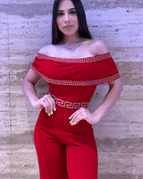 Passion Red Jumpsuit with Off-Shoulder Design and Stretch Fit - elegant jumpsuit for parties and events