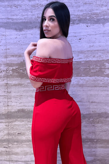 Passion Red Jumpsuit with Off-Shoulder Design and Stretch Fit - women's one-piece outfit for going out