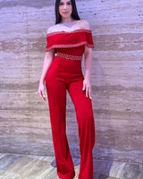 Passion Red Jumpsuit with Off-Shoulder Design and Stretch Fit - trendy women's jumpsuit