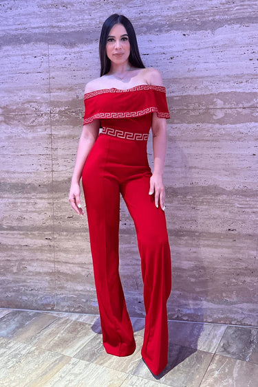 Passion Red Jumpsuit with Off-Shoulder Design and Stretch Fit - trendy women's jumpsuit