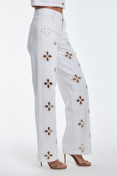 Pearl Bloom Cutout Jeans - Off White - Palazzo Couture Online