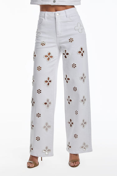 Pearl Bloom Cutout Jeans - Off White - Palazzo Couture Online