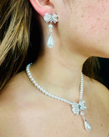 Pearl Blossom Drop Necklace 2pc Set (Silver) - women's statement jewelry